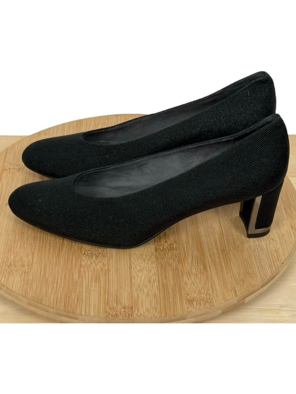 Stuart Weitzman Black Goosebump Leather Block Heel with Metal Trim Size 9 M